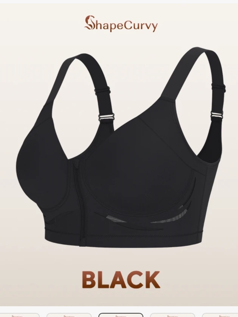 Shape Curvy Bra - black wire free zip front NWT